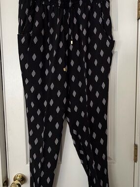 French Laundry Home Black Cotton Pants with White Diamond Print